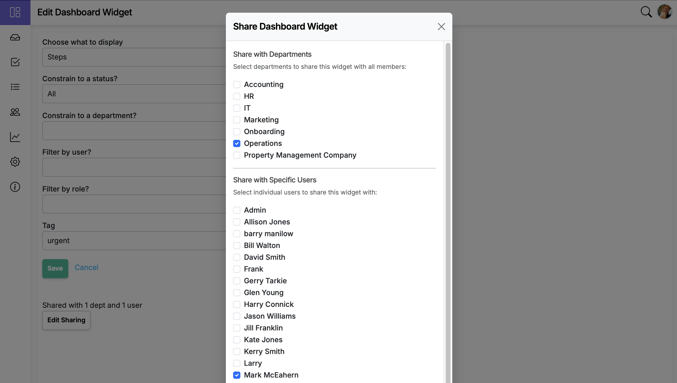 Share dashboard item user